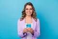 Portrait of positive successful business lady smm worker use cellphone enjoy social media post comment repost wear