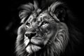 A portrait of a powerful and confident lion, with their intensity and strength conveyed through bold black and white contrast.