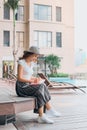 Portrait of pPretty cheerful woman relax and reading book in vac