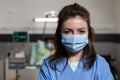 Portrait of practitioner nurse wearing protective face mask to prevent infection with coronavirus