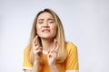 Portrait of praying young woman wearing casual clothing begging god please looking up with keeping fingers crossed Royalty Free Stock Photo