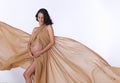 Portrait of Pregnant Asian Indian tanned skin woman fabric fluttering in Air