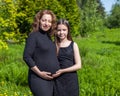 Portrait of pregnant mother with daughter in black dress in green park