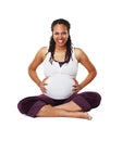 Portrait of a pregnant mother or woman in happy sitting and holding her baby bump isolated on a white background. Black Royalty Free Stock Photo