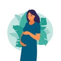 Portrait pregnant woman in dress on plant background. Health, care, pregnancy. Vector illustration. Flat