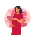 Portrait pregnant woman in dress on plant background. Health, care, pregnancy. Vector illustration. Flat