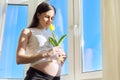 Portrait of pregnant woman with one yellow tulip flower Royalty Free Stock Photo