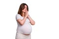 Portrait of a pregnant woman with a plea on a white background