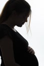 Portrait of pregnant woman in profile with hands on her stomach on a white isolated background, future life concept Royalty Free Stock Photo