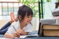 Portrait of preschool kid using tablet for his homework,Soft focus of Child doing homework by using digital tablet searching Royalty Free Stock Photo