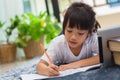 Portrait of preschool kid using tablet for his homework,Soft focus of Child doing homework by using digital tablet searching Royalty Free Stock Photo