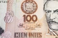 Portrait of president Ramon Castilla on 80s peruvian 100 Intis currency banknote Royalty Free Stock Photo