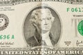 Portrait of President Thomas Jefferson on a 2 dollar bill . Close up