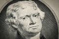 Portrait of President Thomas Jefferson portrait on two 2 american dollar bill. Macro close up view Royalty Free Stock Photo