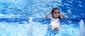 Portrait of pretty asian child smilling and posing on swimming pool background wearing pink swim suit and sun glasses Royalty Free Stock Photo