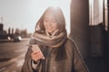 Portrait of pretty cheerful girl use telephone chatting gps route navigation stroll street outside