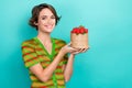 Portrait of pretty cheerful person hands hold fresh strawberry basket empty space isolated on teal color background Royalty Free Stock Photo