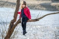 Portrait of a pretty child girl sitting on a tree branch in autumn outdoors Royalty Free Stock Photo