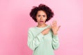 Portrait of pretty confused dark skin lady indicate fingers lonely free isolated on pink color background