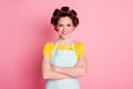 Portrait of pretty girl cross hands wear hair rollers vintage style outfit isolated on pastel color background Royalty Free Stock Photo