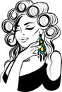 Portrait of pretty girl with curler. Stylish beautiful model for fashion design. Fashionable graphic illustration