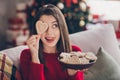 Portrait of pretty girl lick lips tongue cover x-mas ginger bread heart shape cookie eye hold plate in house indoors Royalty Free Stock Photo