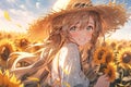 portrait of a pretty happy anime girl with blond hair in a straw hat on a field of sunflowers on sunny day Royalty Free Stock Photo