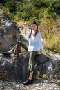 portrait of pretty Indian woman poses in a nature surrounding Royalty Free Stock Photo