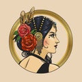 Pretty tribal dancer in beautiful headpiece. Vector hand drawn illustration