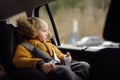 Portrait of pretty little boy sitting in car seat during roadtrip or travel. Family car travel with kids Royalty Free Stock Photo