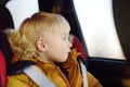 Portrait of pretty little boy sitting in car seat during roadtrip or travel. Family car travel with kids Royalty Free Stock Photo
