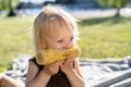 Little child girl eat sweet corn cob, sitting on plaid on grass in summer day. Healthy eating. Royalty Free Stock Photo