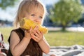 Little child girl eat sweet corn cob, sitting on plaid on grass in summer day. Healthy eating. Royalty Free Stock Photo