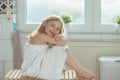 Portrait of pretty little child girl with white towel after show Royalty Free Stock Photo