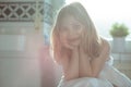 Portrait of pretty little child girl with white towel after show Royalty Free Stock Photo