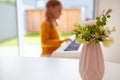 Portrait of pretty little girl having piano lesson at modern white e-piano Royalty Free Stock Photo