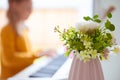 Portrait of pretty little girl having piano lesson at modern white e-piano Royalty Free Stock Photo