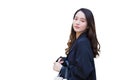 Portrait of Pretty long haired young Asian business woman in black coat walking with confidence in the city while isolated on Royalty Free Stock Photo