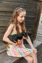 The child spending time with her pet. Little girl with chihuahua dog on the background of a wooden backdrop Royalty Free Stock Photo