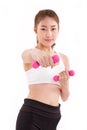 portrait of pretty sporty girl, hand holding dumbbell, weight tr Royalty Free Stock Photo