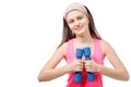 Portrait of pretty sporty girl holding weights isolated on white Royalty Free Stock Photo