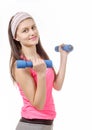 Portrait of pretty sporty girl holding weights isolated on white Royalty Free Stock Photo