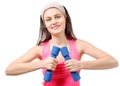 Portrait of pretty sporty girl holding weights isolated on white Royalty Free Stock Photo