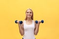 Portrait of pretty sporty girl holding weights and smiling. Isolated over yellow background. Royalty Free Stock Photo