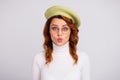 Portrait of pretty wavy-haired girl sending air kiss romance isolated over light gray white pastel color background Royalty Free Stock Photo