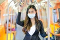 Portrait of pretty woman with mask stand in front of door of sky train on the platform during coronavirus pandemic in city Royalty Free Stock Photo