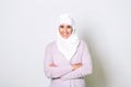 Portrait of pretty young arab muslim woman in head scarf smile. Portrait closeup of muslim woman 20s in hijab smiling isolated Royalty Free Stock Photo