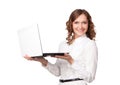 Portrait of a pretty young businesswoman holding a laptop