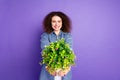 Portrait of pretty young woman hold give flower plant you wear denim shirt isolated on purple color background Royalty Free Stock Photo