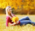 Portrait of pretty young woman with yellow maple leafs Royalty Free Stock Photo